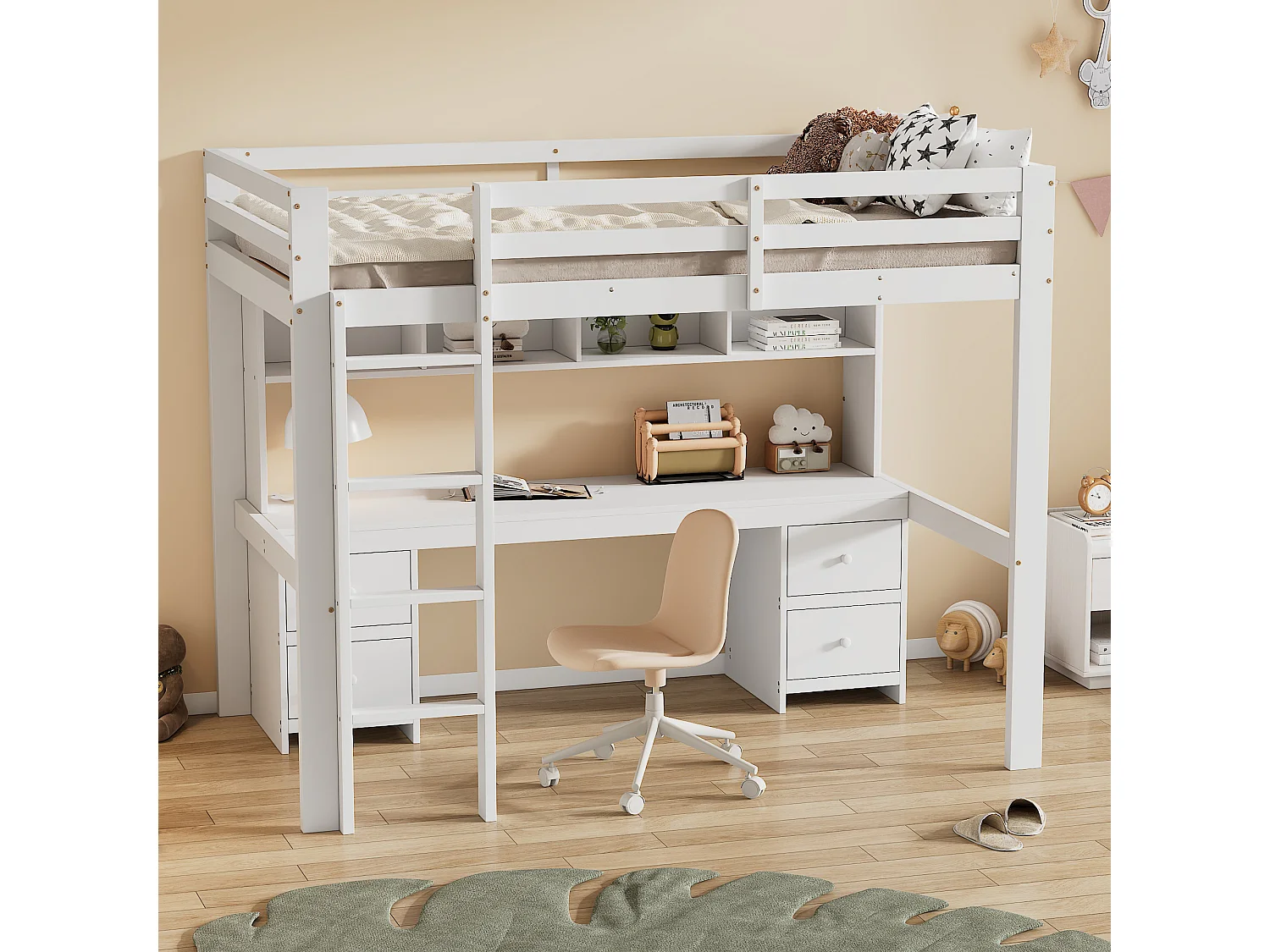 Hoogslaper 90x200cm, met bureau eronder, veel opbergruimte, hoge leuning, stabiele trap, wit (204x97x167 cm)