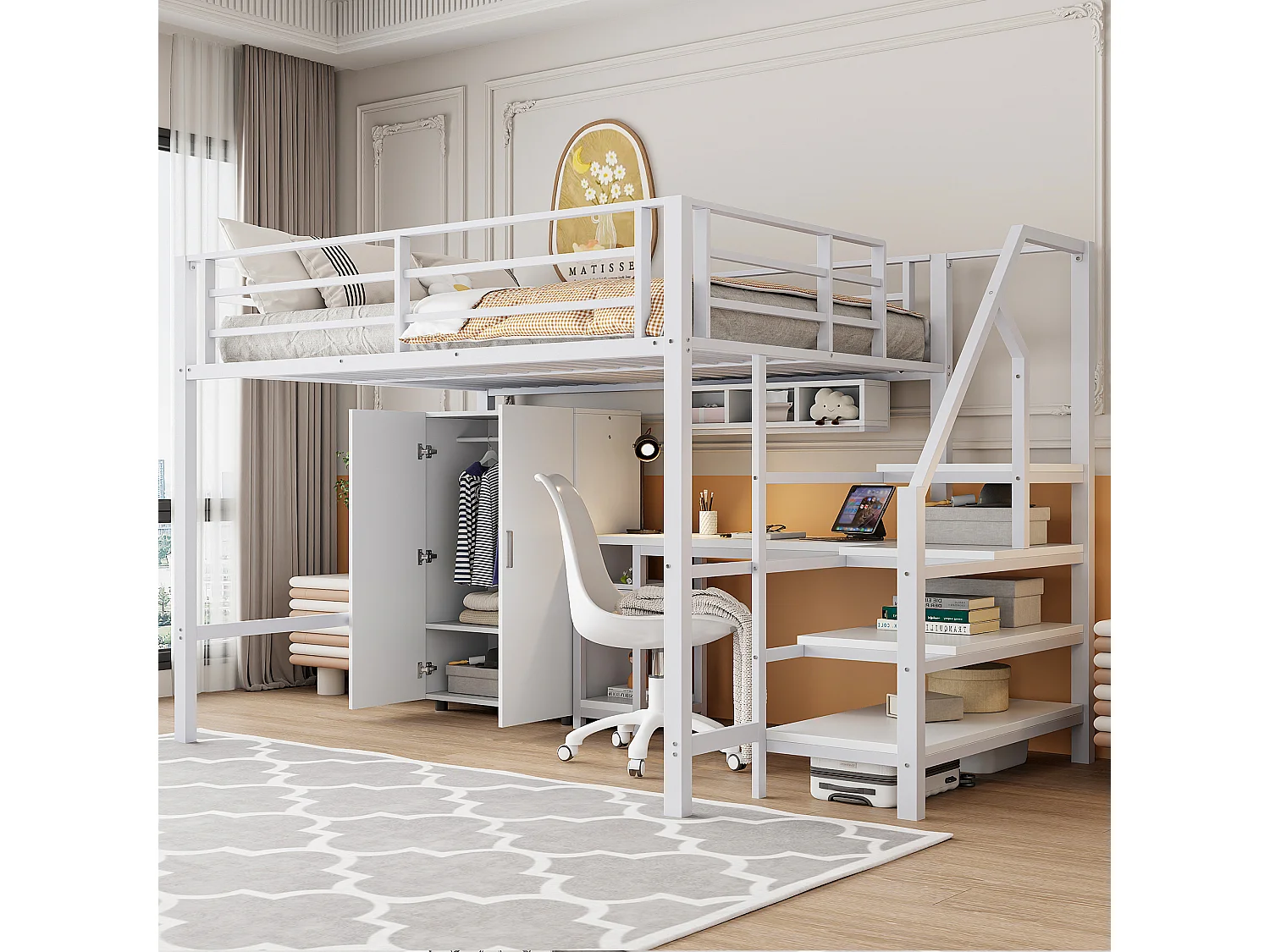 Hoogslaper, 140x200cm, bureau, kledingkast, 3 lades, open opbergruimte, leuning, ladder, zonder matras, Wit (205x145x180 cm)