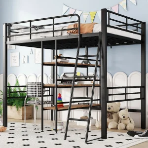 Hoogslaper 90 x 200 cm, zonder matras, met bureau, opbergladder, uitvalbeveiliging, metalen frame, zwart (204x134x174 cm)