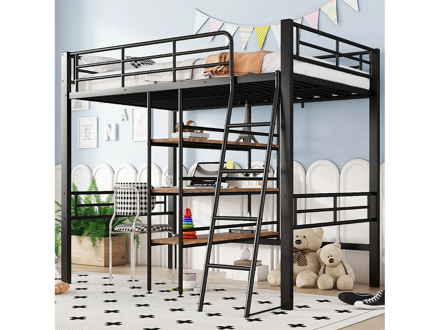 Hoogslaper 90 x 200 cm, zonder matras, met bureau, opbergladder, uitvalbeveiliging, metalen frame, zwart (204x134x174 cm)
