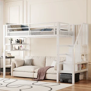 Hoogslaper 90 x 200 cm, met planken, opbergladder, speelruimte onder het bed, leuning, zonder matras (255x95x160 cm) Hoogslaper 90 x 200 cm, met planken, opbergladder, speelruimte onder het bed, leuning, zonder matras (255x95x160 cm)
