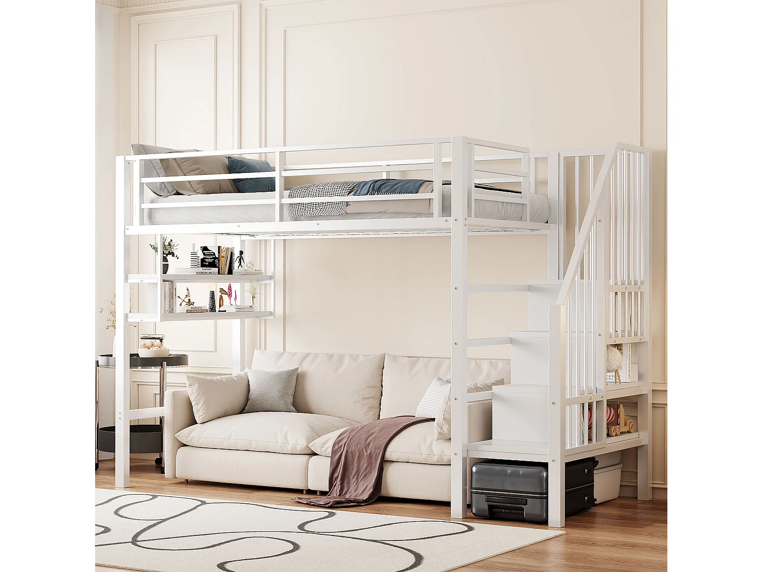 Hoogslaper 90 x 200 cm, met planken, opbergladder, speelruimte onder het bed, leuning, zonder matras (255x95x160 cm)