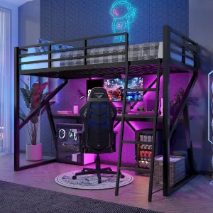 Hoogslaper 90×200 cm, metalen frame, LED, leuning, ladder, bureau, zwart (204x98x160,5 cm) Hoogslaper 90×200 cm, metalen frame, LED, leuning, ladder, bureau, zwart (204x98x160,5 cm)