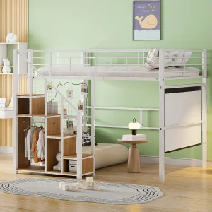 Hoogslaper 140×200 cm met veilige ladder en opbergruimte, metalen frame, bed voor kinderen en tieners, wit (210x188x170 cm) Hoogslaper 140×200 cm met veilige ladder en opbergruimte, metalen frame, bed voor kinderen en tieners, wit (210x188x170 cm)