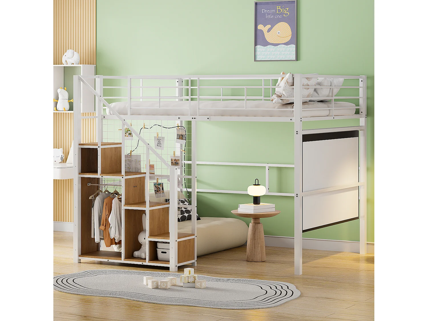 Hoogslaper 140x200 cm met veilige ladder en opbergruimte, metalen frame, bed voor kinderen en tieners, wit (210x188x170 cm)