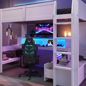 Hoogbed 90×200 cm – met bureau – met LED-verlichting – met 1 lade – met plank – wit (zonder matras) Hoogbed 90×200 cm – met bureau – met LED-verlichting – met 1 lade – met plank – wit (zonder matras)