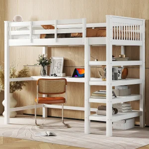 Hoogslaper 90x200cm, Kinderbed met bureau onder het bed, Zonder matras, Ingebouwde opbergruimte, Grenenhout, Wit (207x99x169,5 cm) Hoogslaper 90x200cm, Kinderbed met bureau onder het bed, Zonder matras, Ingebouwde opbergruimte, Grenenhout, Wit (207x99x169,5 cm)