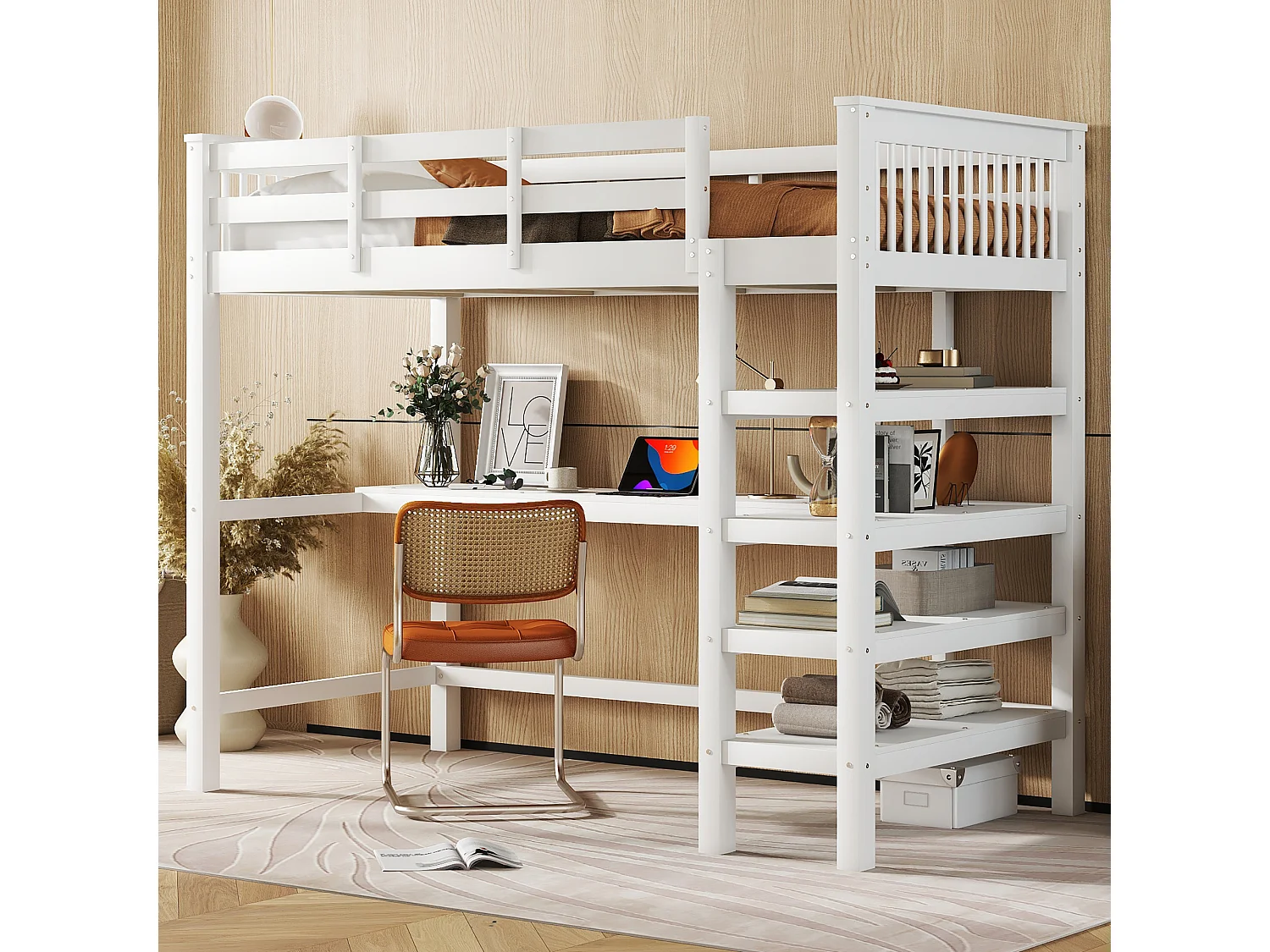Hoogslaper 90x200cm, Kinderbed met bureau onder het bed, Zonder matras, Ingebouwde opbergruimte, Grenenhout, Wit (207x99x169,5 cm)
