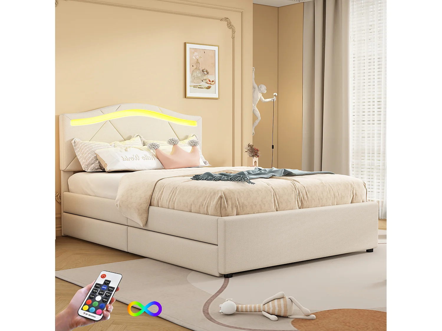 Hoogslaper met bureau, LED, USB, stopcontacten, planken, metaal, 90x200 cm, zwart