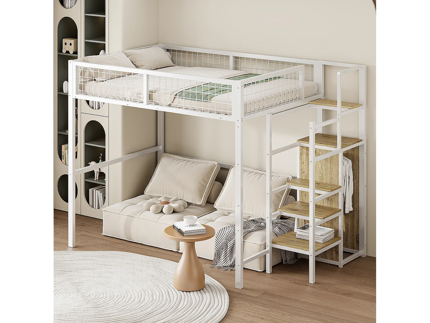 Hoogslaper 140x200 cm met ladder, metalen kinderbed en opbergplank, witte kledingkast (249x145x180 cm)
