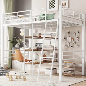 Hoogslaper 90x200cm, met bureau, planken, ladder, metaal, wit (204x134x174 cm) Hoogslaper 90x200cm, met bureau, planken, ladder, metaal, wit (204x134x174 cm)