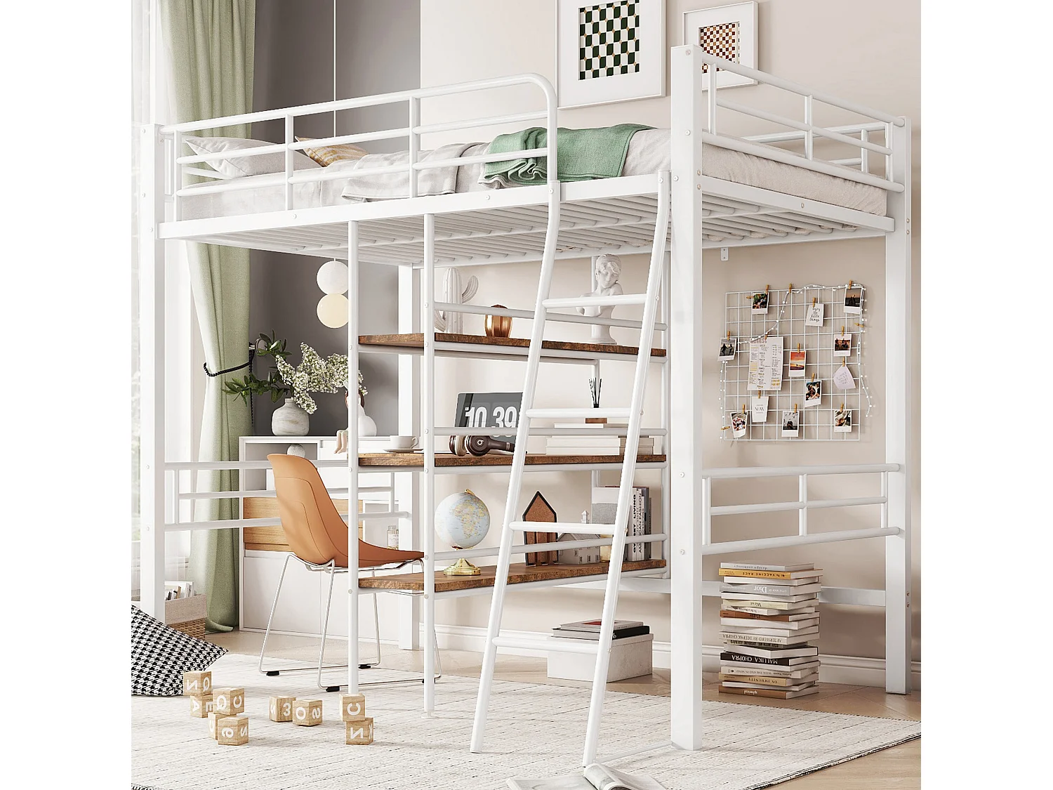 Hoogslaper 90x200cm, met bureau, planken, ladder, metaal, wit (204x134x174 cm)