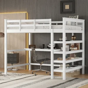Hoogslaper 90x200cm, Kinderbed met onderbedbureau en opbergplanken, Zonder matras, Dennenhout, Wit (207x99x169,5 cm) Hoogslaper 90x200cm, Kinderbed met onderbedbureau en opbergplanken, Zonder matras, Dennenhout, Wit (207x99x169,5 cm)