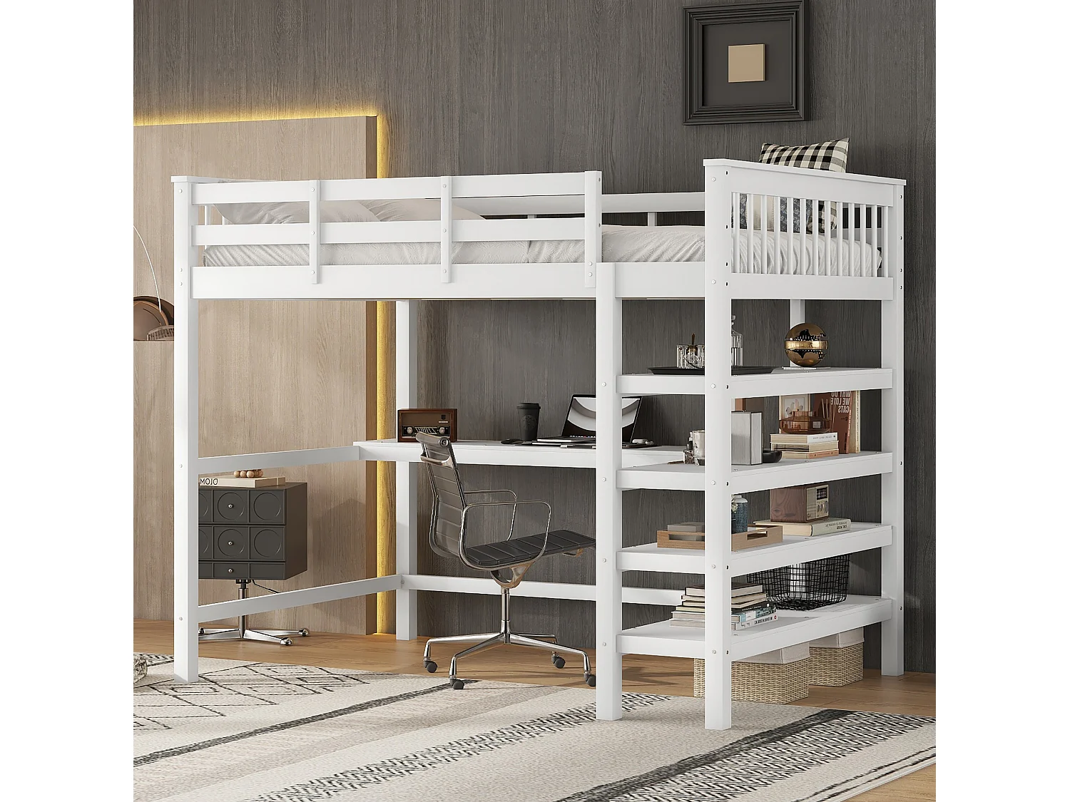 Hoogslaper 90x200cm, Kinderbed met onderbedbureau en opbergplanken, Zonder matras, Dennenhout, Wit (207x99x169,5 cm)