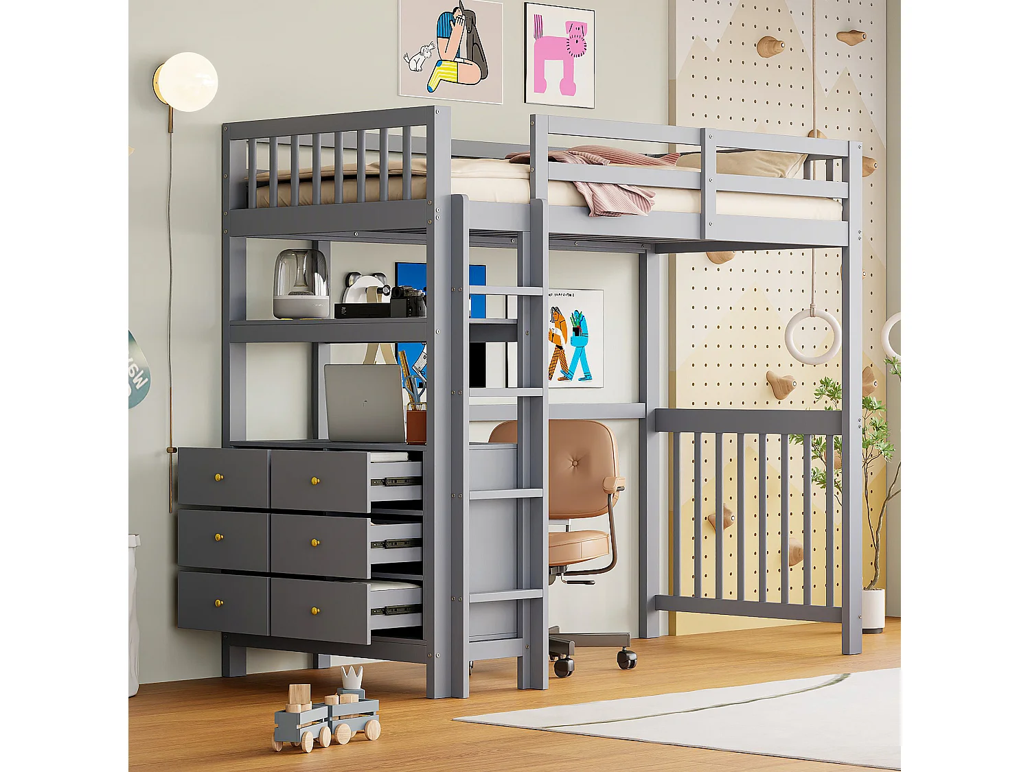 Hoogslaper 90x200 cm met veiligheidstrap, lades, planken, hoog drempelontwerp, grijs grenenhout (204x96x175 cm)