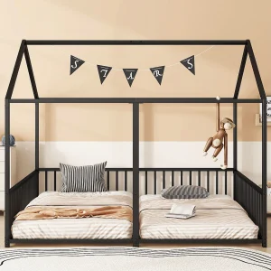 Hoogslaper 90×200 cm, metalen frame, met bureau, ladder en uitvalbeveiliging, zonder matras, home design, zwart (186x206x174,5 cm) Hoogslaper 90×200 cm, metalen frame, met bureau, ladder en uitvalbeveiliging, zonder matras, home design, zwart (186x206x174,5 cm)