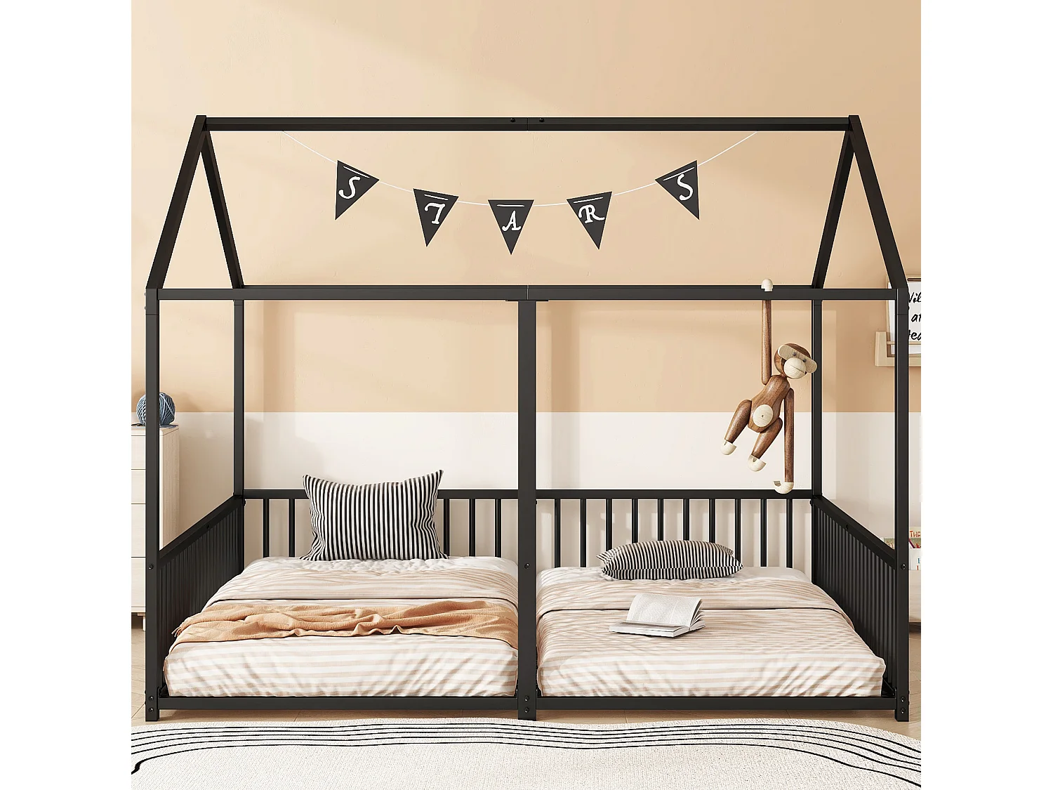 Hoogslaper 90x200 cm, metalen frame, met bureau, ladder en uitvalbeveiliging, zonder matras, home design, zwart (186x206x174,5 cm)