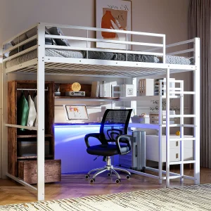 Hoogslaper 140×200 cm, metalen bed met led-verlichting, bureau, 1 lade, planken, ladder, wit (203×144,5×174 cm) Hoogslaper 140×200 cm, metalen bed met led-verlichting, bureau, 1 lade, planken, ladder, wit (203×144,5×174 cm)