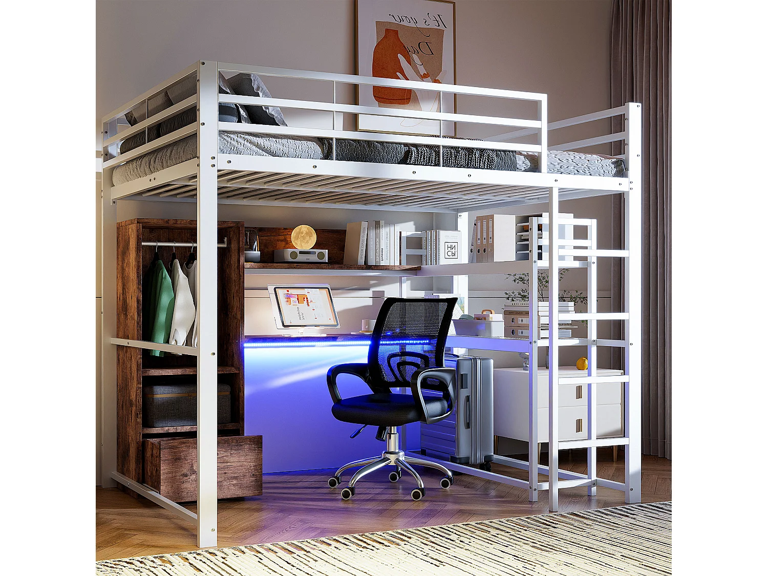 Hoogslaper 140x200 cm, metalen bed met led-verlichting, bureau, 1 lade, planken, ladder, wit (203x144,5x174 cm)
