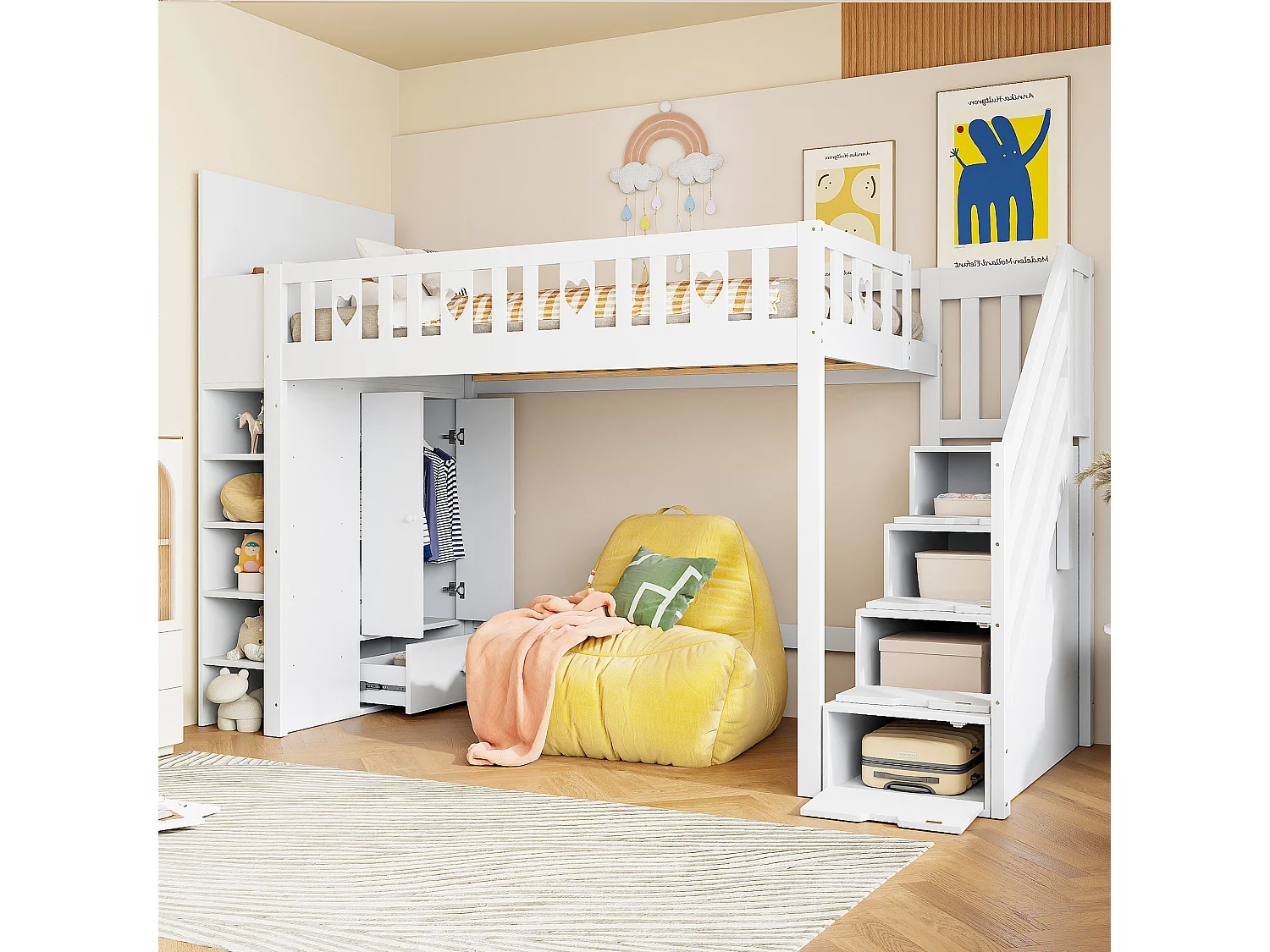 Hoogslaper 90x200 cm met opbergladder, planken, opklapbare kast, ruimte onder het bed voor kleedkamer, hartvormige zijhek, zonder matras, Wit (287x95x150 cm)