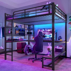 Hoogslaper, 140 x 200 cm, met bureau, ladder, LED, USB + Type-C-aansluitingen, met planken, metalen frame, zwart (204 x 145 x 180 cm) Hoogslaper, 140 x 200 cm, met bureau, ladder, LED, USB + Type-C-aansluitingen, met planken, metalen frame, zwart (204 x 145 x 180 cm)