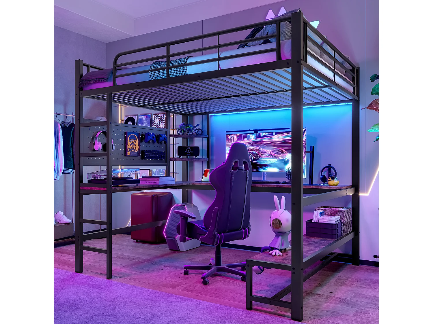 Hoogslaper, 140 x 200 cm, met bureau, ladder, LED, USB + Type-C-aansluitingen, met planken, metalen frame, zwart (204 x 145 x 180 cm)