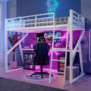 Hoogslaper 90×200 cm, metalen frame, met afstandsbediening LED, leuning, ladder, bureau, wit (204x98x160,5 cm) Hoogslaper 90×200 cm, metalen frame, met afstandsbediening LED, leuning, ladder, bureau, wit (204x98x160,5 cm)