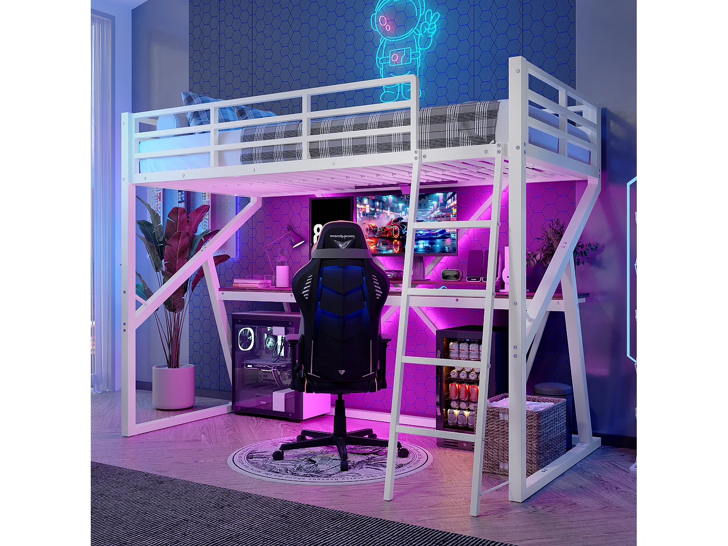 Hoogslaper 90x200 cm, metalen frame, met afstandsbediening LED, leuning, ladder, bureau, wit (204x98x160,5 cm)