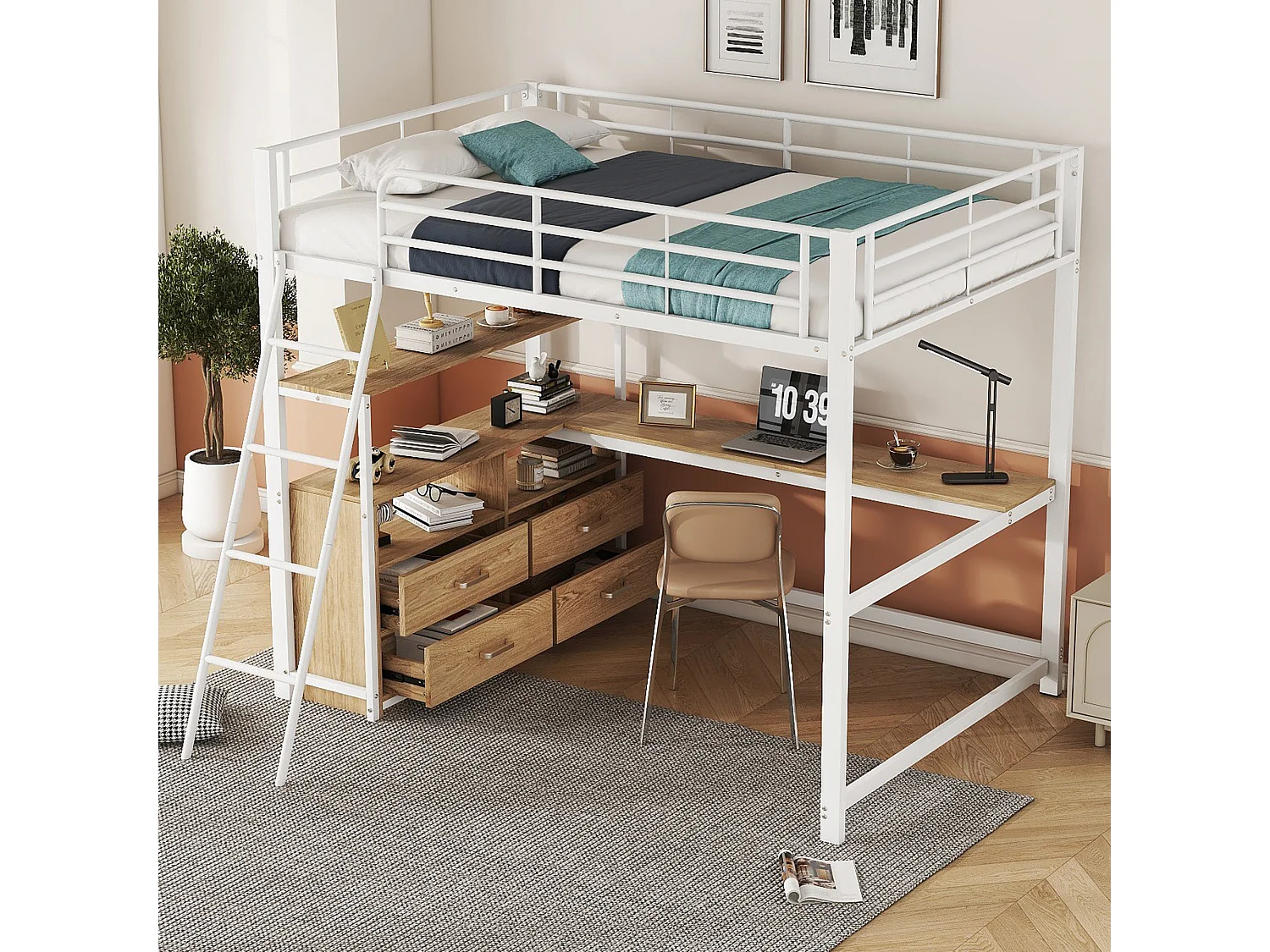 Hoogslaper 140x200 cm, metalen frame, met praktische lades, stijlvol L-vormig bureau, laminaatdesign, wit (204x199x180 cm)
