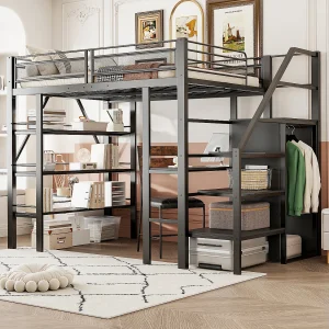 Hoogslaper 140×200 cm, 3-laags plank, bureau, kledingkast, veilige ladder, opbergruimte, metaal, zwart (252×147,5×178,5 cm)