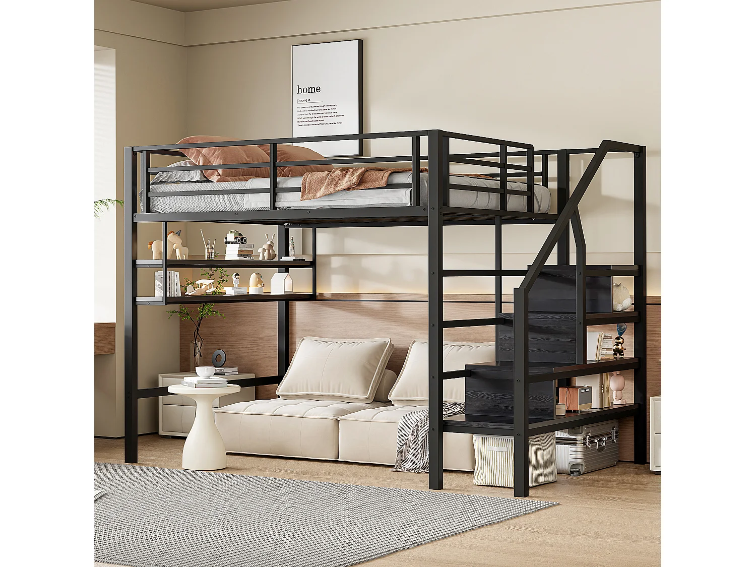 Hoogslaper 140 x 200 cm met LED, opbergladder, planken, bureau, zonder matras, zwart (225 x 145 x 160 cm)