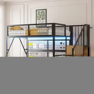 Hoogslaper van metaal, 90×200 cm, met app-gestuurde led-verlichting, ladder met opbergruimte, open kledingkast, zwart Hoogslaper van metaal, 90×200 cm, met app-gestuurde led-verlichting, ladder met opbergruimte, open kledingkast, zwart