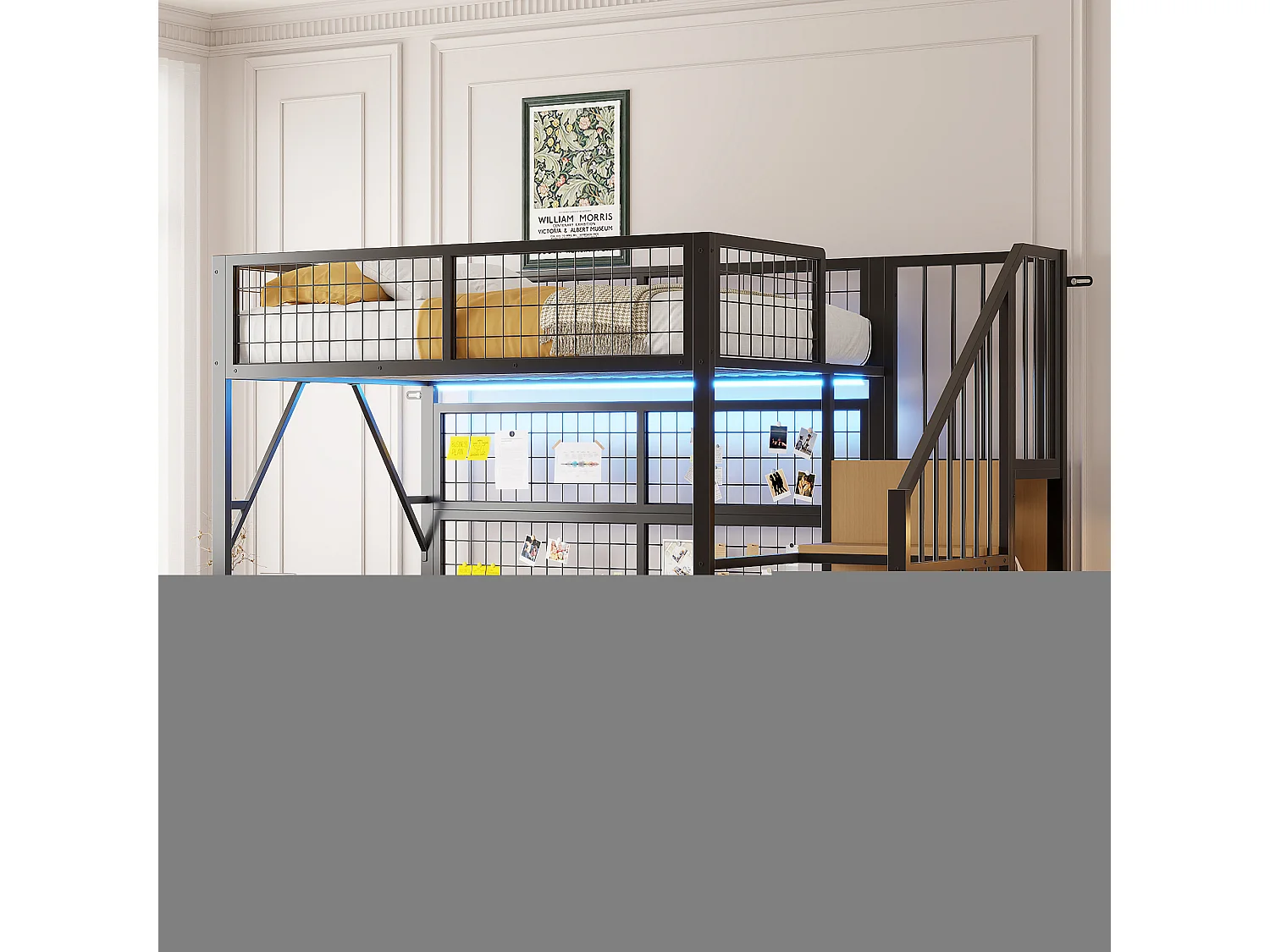 Hoogslaper van metaal, 90x200 cm, met app-gestuurde led-verlichting, ladder met opbergruimte, open kledingkast, zwart