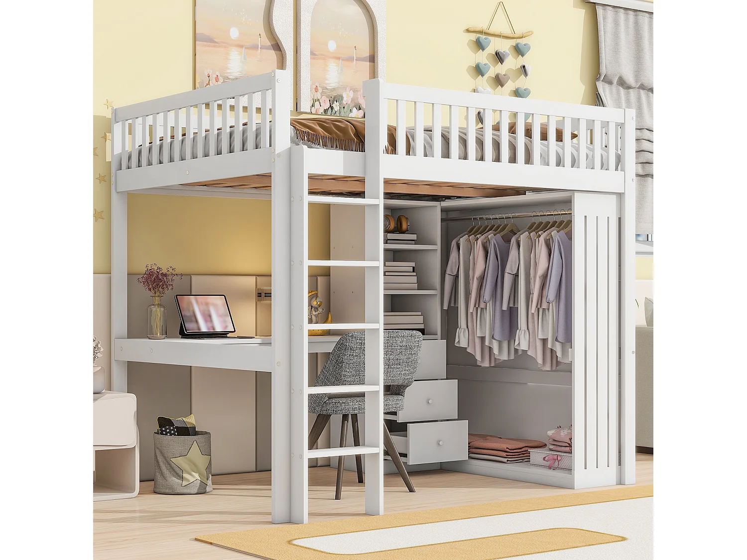 Hoogslaper, 140x200cm, bureau, kledingkast, 3 lades, open opbergruimte, leuning, ladder, zonder matras, Wit (205x145x180 cm)