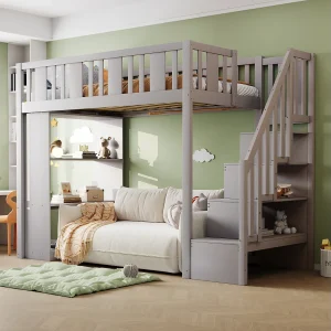 Hoogslaper 90×200 cm met opbergladder, massief houten bed met grote opbergvakken, grijs (253x95x160,2 cm) Hoogslaper 90×200 cm met opbergladder, massief houten bed met grote opbergvakken, grijs (253x95x160,2 cm)
