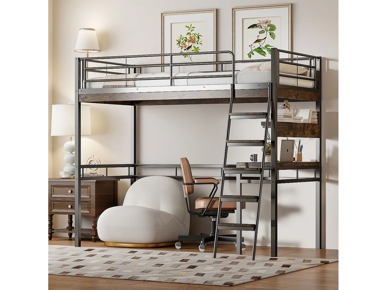 Hoogslaper, 90x200 cm, met bureau, planken, leuning, ladder, metalen frame, zwart (204x149,5x180 cm)
