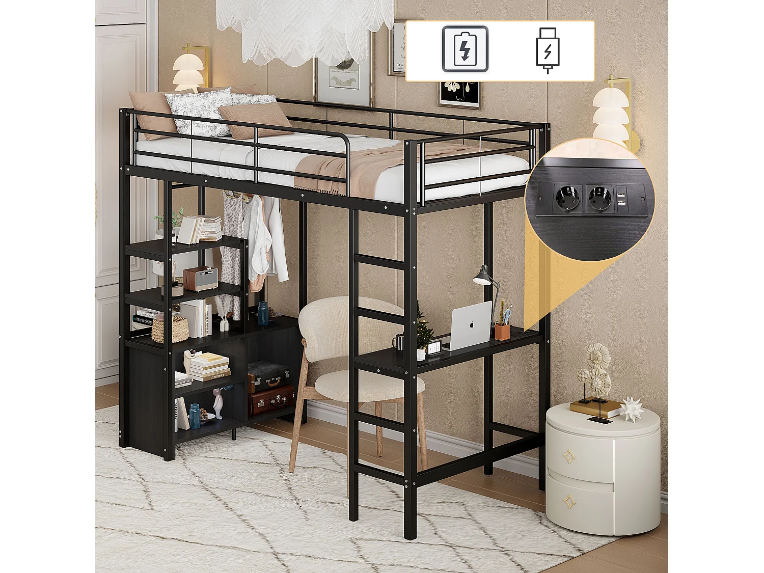 Hoogslaper 90x200 cm, met bureau, planken, USB-aansluiting en opbergruimte, metalen frame, zwart (204x95x180 cm)