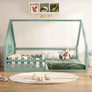 Hoogslaper 140×200 cm, metaal met rails, ladder en geïntegreerd bureau, zonder matras, home design, groen (204x145x139 cm) Hoogslaper 140×200 cm, metaal met rails, ladder en geïntegreerd bureau, zonder matras, home design, groen (204x145x139 cm)