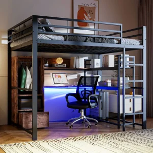 Hoogslaper 140 x 200 cm, metaal met bureau, led-verlichting, planken en ladder, zonder matras (203 x 144,5 x 174 cm) Hoogslaper 140 x 200 cm, metaal met bureau, led-verlichting, planken en ladder, zonder matras (203 x 144,5 x 174 cm)