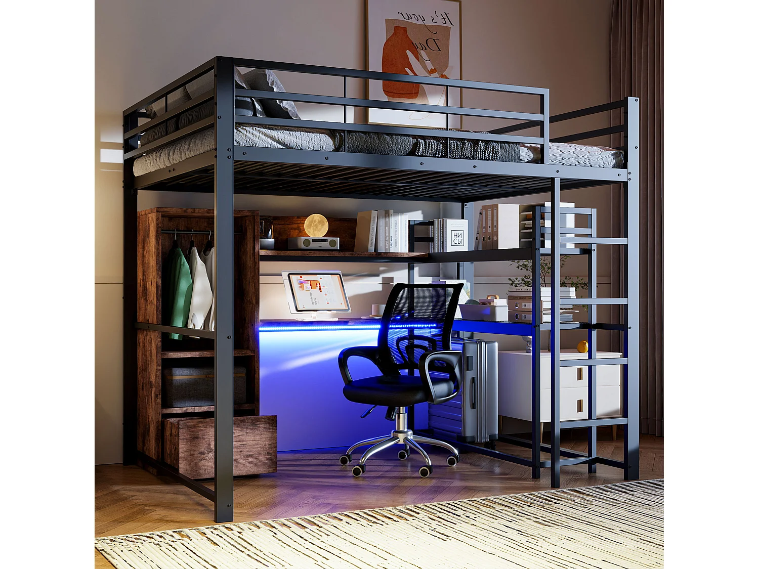 Hoogslaper 140 x 200 cm, metaal met bureau, led-verlichting, planken en ladder, zonder matras (203 x 144,5 x 174 cm)