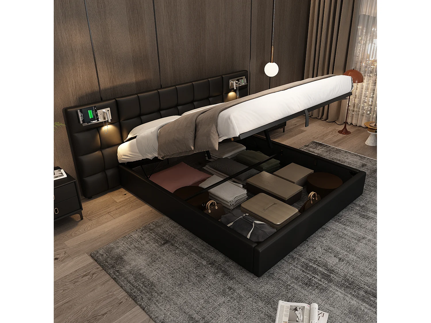 Hydraulisch bed 180 x 200 cm, met USB-poort, draadloos opladen, verlichtingslamp en opbergruimte, zwart PU-frame, houten lattenbodem (180 x 200 cm)