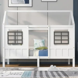 Huisbed met ramen, kinderbed, eenpersoonsbed en tweepersoonsbed, massief houten frame, MDF, wit (200x90cm) Huisbed met ramen, kinderbed, eenpersoonsbed en tweepersoonsbed, massief houten frame, MDF, wit (200x90cm)