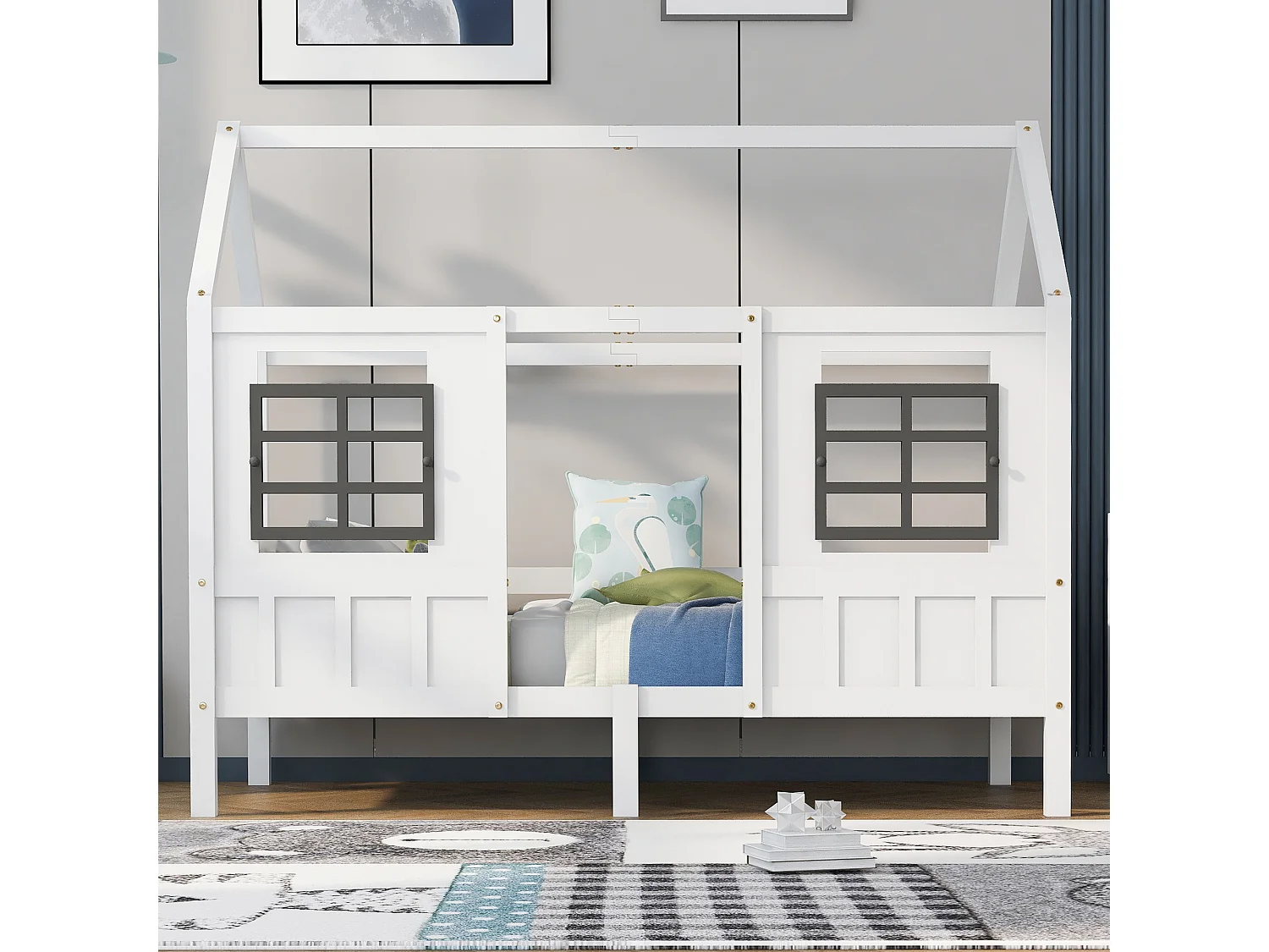 Huisbed met ramen, kinderbed, eenpersoonsbed en tweepersoonsbed, massief houten frame, MDF, wit (200x90cm)
