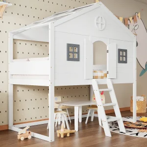 Kajuitbed met ladder, leuningen, grijze ramen, vrijstaande onderbedden, grenen frame, wit + grijs, 90x200cm Kajuitbed met ladder, leuningen, grijze ramen, vrijstaande onderbedden, grenen frame, wit + grijs, 90x200cm