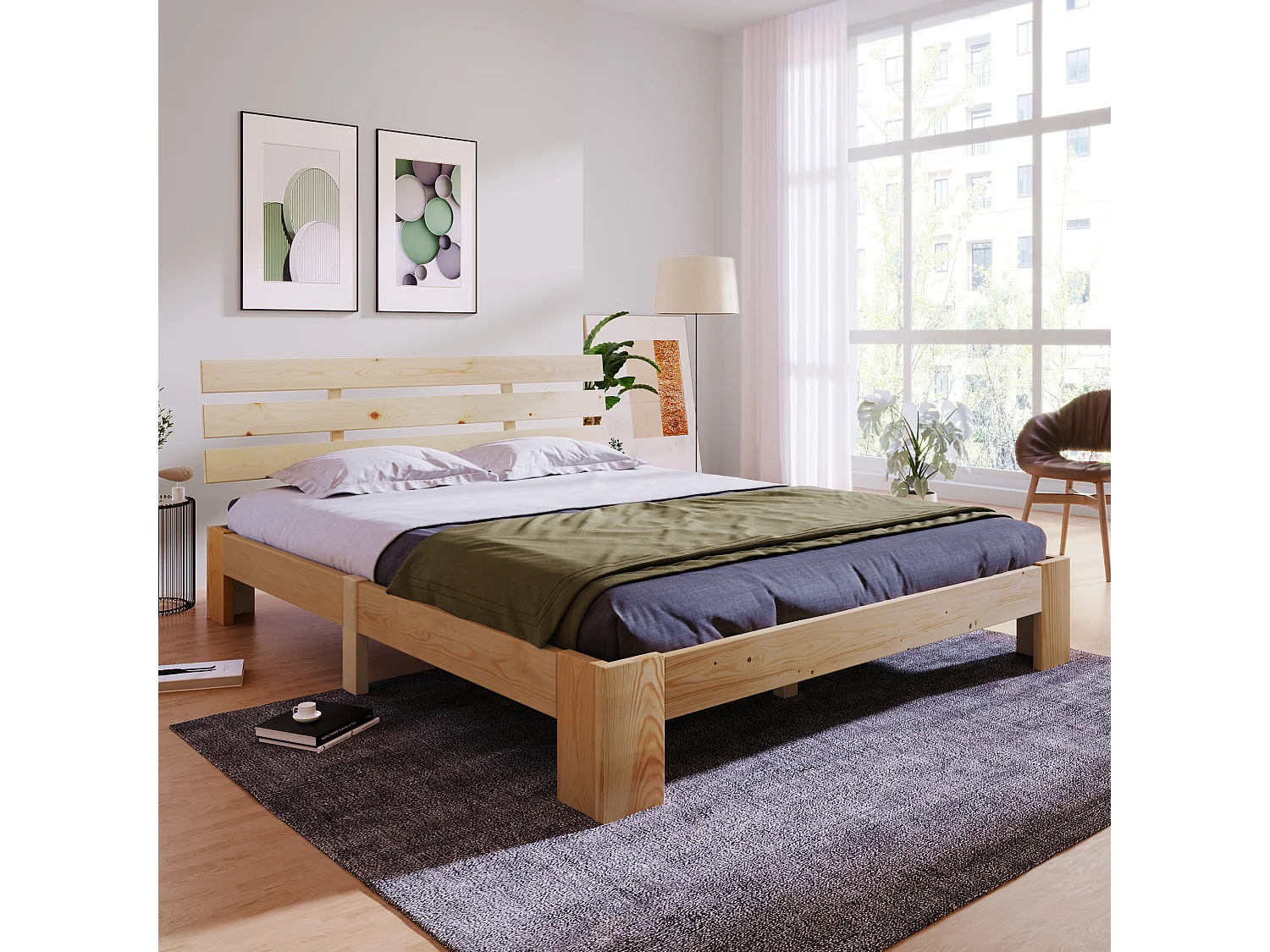 Houten bed 140x200 cm, Hoofdbord en frame met lattenbodem, Massief hout, Lichtgrijs (144x210x67,5 cm)