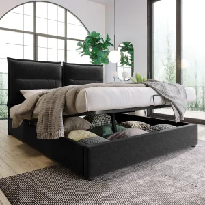 Hydraulisch bed met verstelbaar hoofdeinde, 140×200 cm, gestoffeerd bed met 2 opberglades, metalen frame en houten onderstel, zwart fluweel (zonder matras)