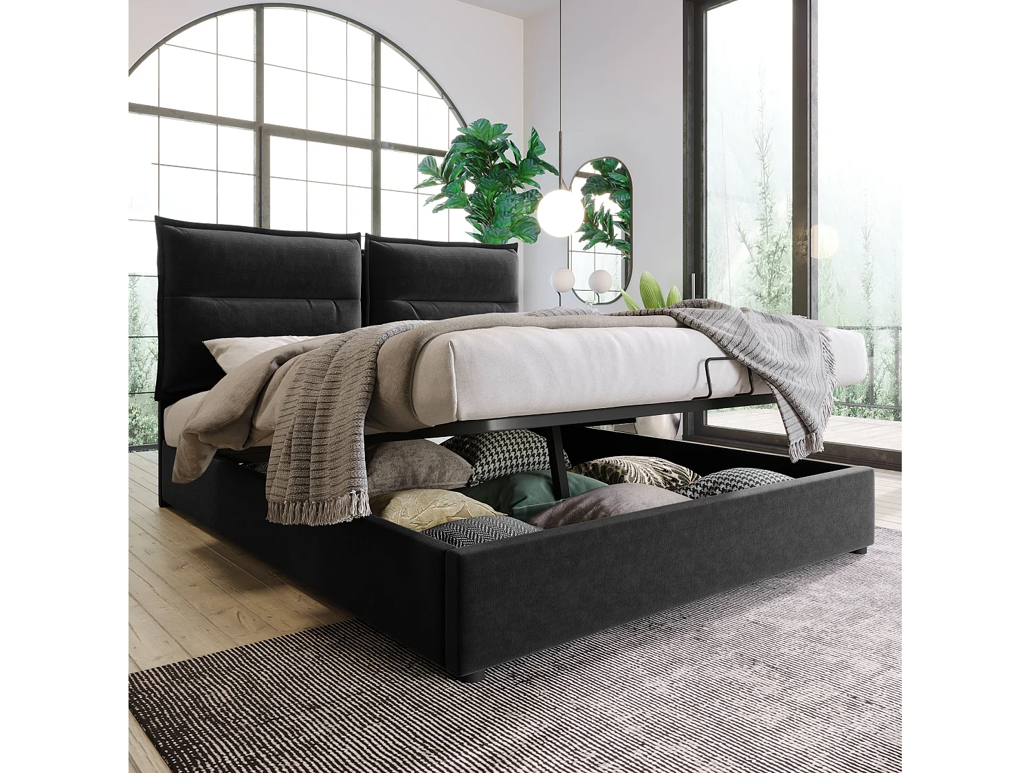 Hydraulisch bed met verstelbaar hoofdeinde, 140x200 cm, gestoffeerd bed met 2 opberglades, metalen frame en houten onderstel, zwart fluweel (zonder matras)