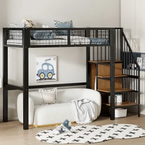 Hoogslaper 90×200 met ladder, metalen frame, opbergruimte en kledingkast, kleur zwart (255x95x176 cm) Hoogslaper 90×200 met ladder, metalen frame, opbergruimte en kledingkast, kleur zwart (255x95x176 cm)