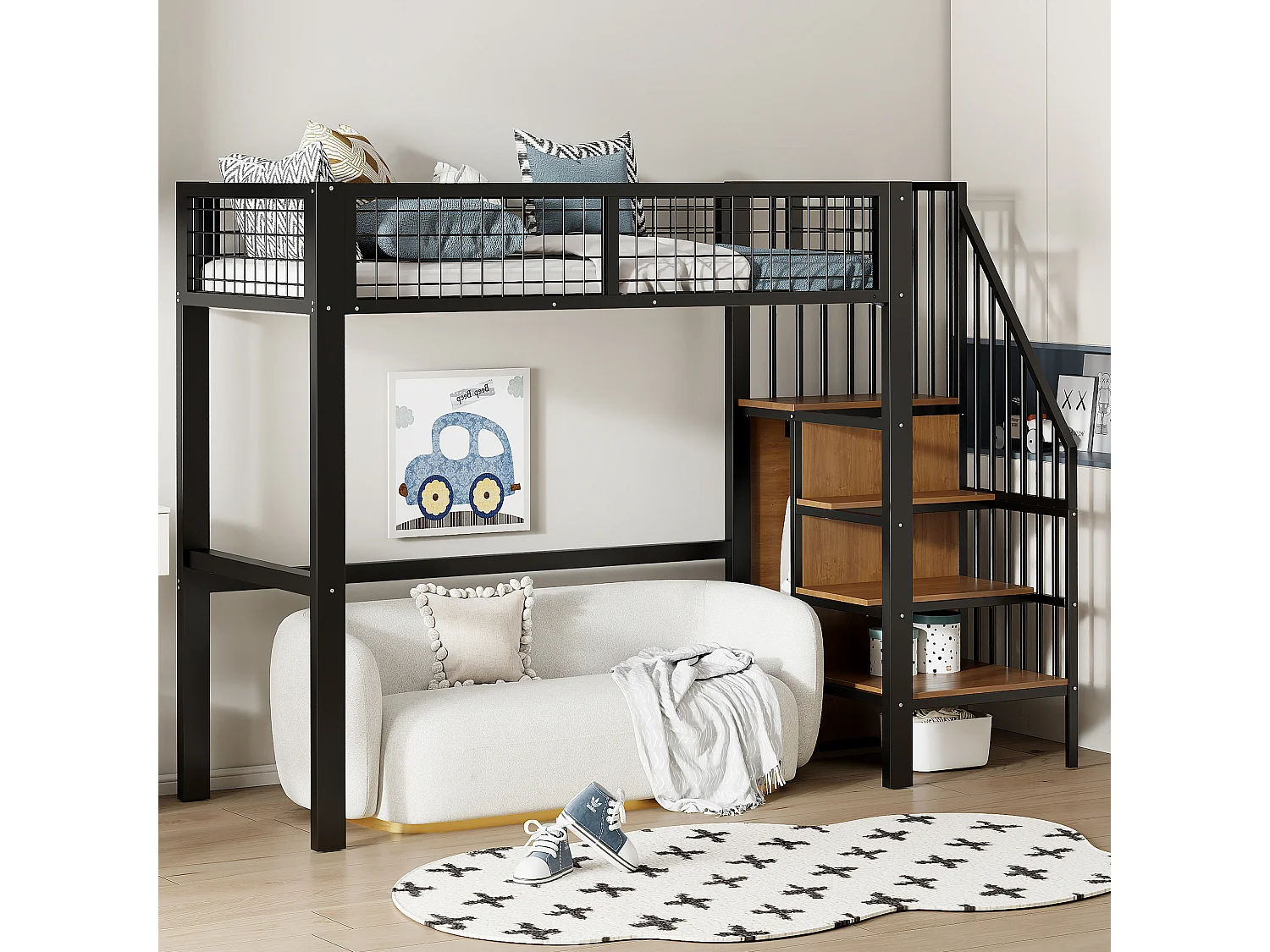 Hoogslaper 90x200 met ladder, metalen frame, opbergruimte en kledingkast, kleur zwart (255x95x176 cm)