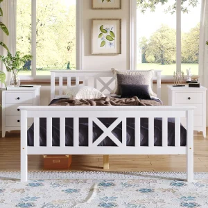 Houten bed met X-hoofdeinde, 140×200 cm, met houten bedframe en lattenbodem, modern design, wit, voor kinder- of jeugdkamer Houten bed met X-hoofdeinde, 140×200 cm, met houten bedframe en lattenbodem, modern design, wit, voor kinder- of jeugdkamer